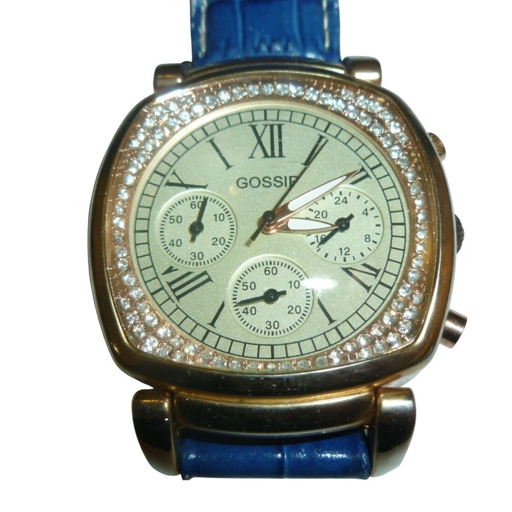Gossip GSP128 Watch Rose Gold Tone Leather Crystal Bezel Blue Women Good